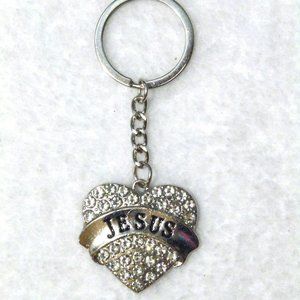 NEW Jesus Heart Silver Keyring Keychain Crystal Rhinestone Bling